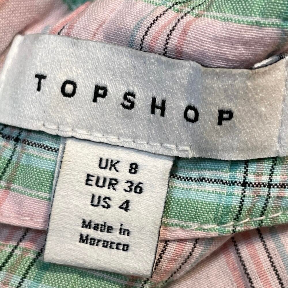 Topshop Green Pink Gingham Check Puff Sleeve Colorblock A Line Midi Dress Size 4 - Picture 4 of 5